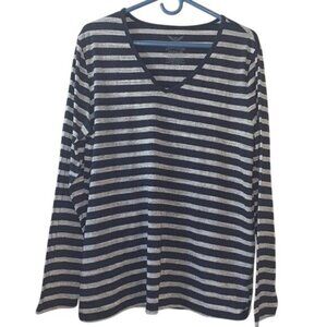 Faded Glory Womens Striped Long Sleeve V-Neck Top XXL/2X Metallic Navy & Silver
